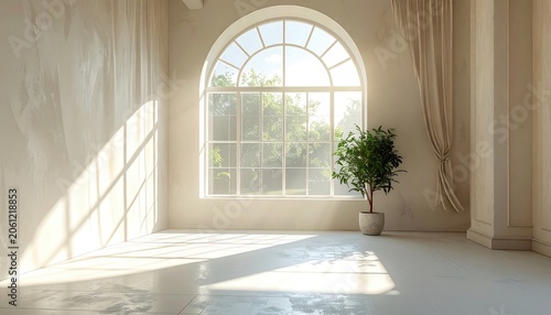 Sunlight streams into a minimalist room with an arched window and a potted plant.