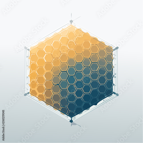 Isometric hexagonal grid with gradient color transition and transparent structure
