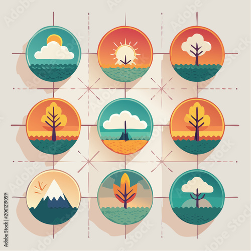 Nine nature scene circular icons with geometric grid and warm earthy tones