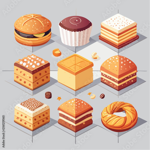 Isometric collection of colorful bakery treats and desserts with decorations