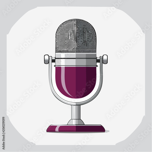 Retro style microphone with metallic grille and purple body on white background