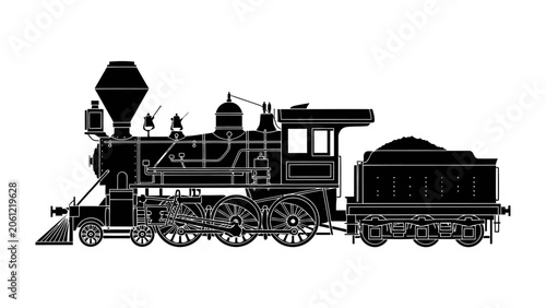 Bild auf Leinwand Vintage Steam Locomotive Silhouette: A striking black silhouette of a historic steam engine pulling a coal car, representing a bygone era of rail travel and industrial might