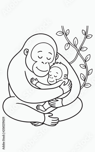 Photography Orangutan coloring page for kids, mother and baby monkey hugging in jungle, cute