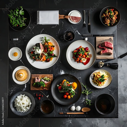 A variety of dishes on a black table