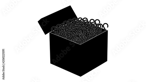 Canvastavla Box of Hooks: A simple, stark illustration depicts an open black box overflowing with coiled hooks, suggesting a potential metaphor for challenges or a metaphorical Pandora's Box