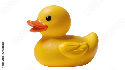 Fotografie Yellow rubber duck toy with orange beak and black eye