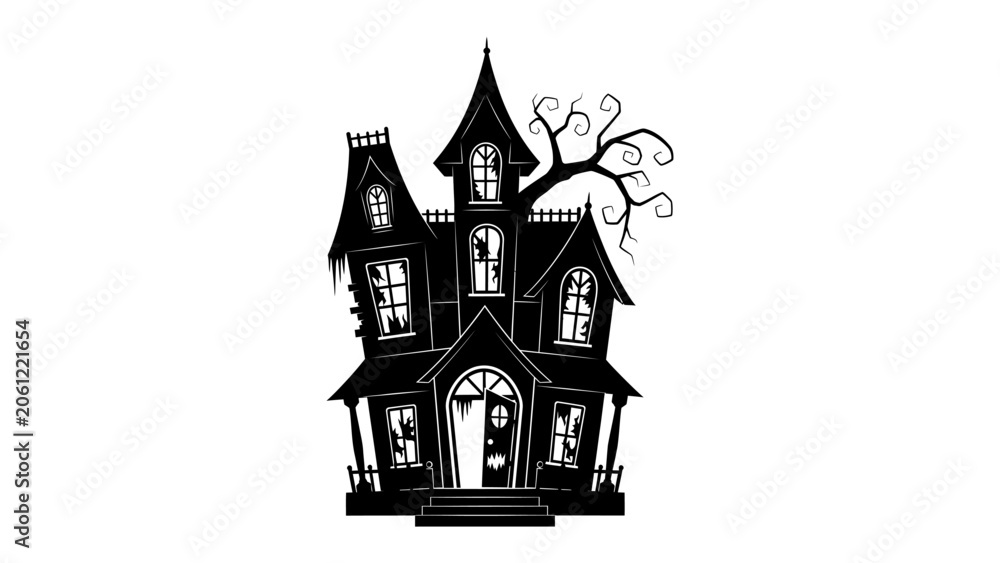 Fototapeta premium Spooky Haunted House Silhouette: An eerie silhouette of a gothic haunted house looms against a dark, shadowy backdrop, with gnarled trees and broken windows adding to its chilling atmosphere.