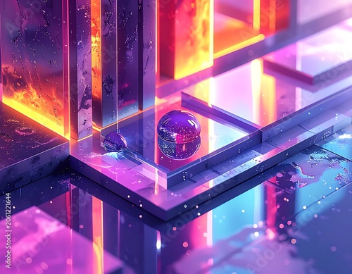A vibrant, futuristic 3D rendering of neon-lit geometric shapes