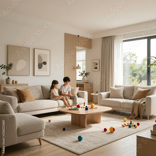 Brother and Sister Relaxing Together in a Bright, Minimalist Modern Living Room.