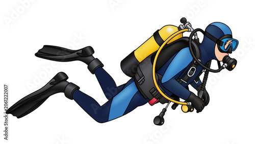 Bilde på lerret Scuba diver in blue wetsuit with yellow oxygen tank and black fins
