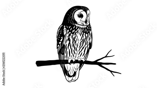 Canvastavla Stylized Owl Illustration: A striking black and white illustration of a wise owl perched on a bare branch, its keen eyes observing the world with an air of mystery and knowledge