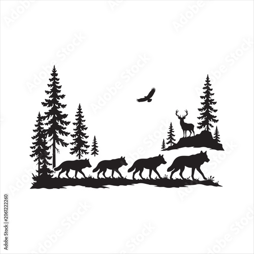 Wolf pack silhouette crossing forest landscape, wildlife vector design