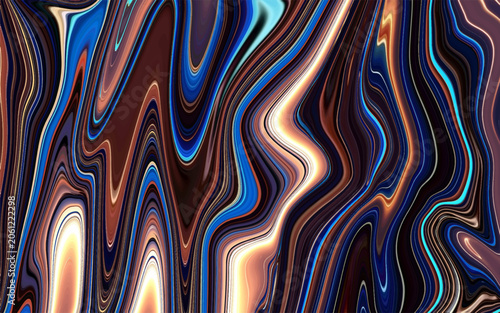 Abstract Fluid Liquid Marble Background with Wavy Blue Brown and Gold Swirls