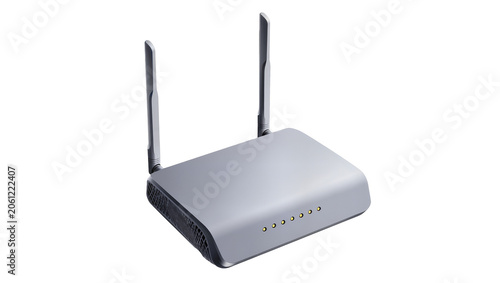 Gray wireless router with two antennas and indicator lights