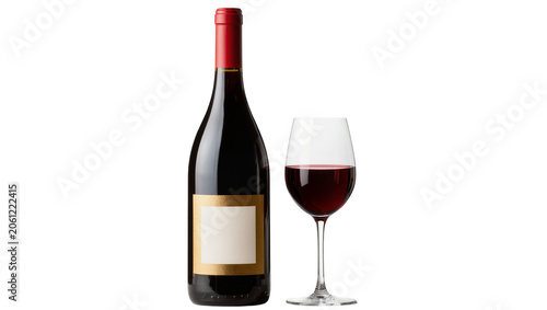 Foto Dark red wine in bottle and glass with gold label