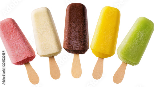 Assorted fruit and chocolate ice pops on wooden sticks