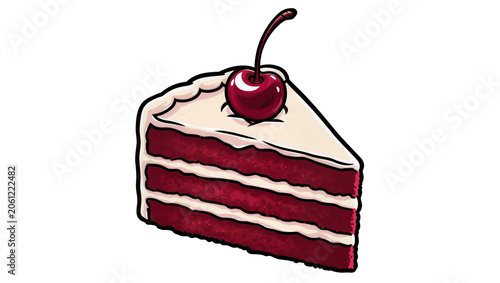 Bild auf Leinwand Red velvet cake slice with cream frosting and cherry topping