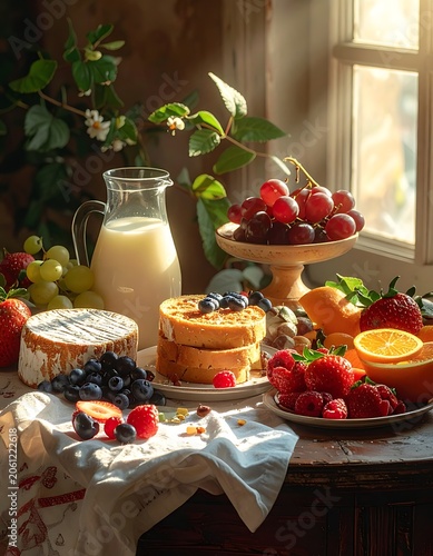 A warmly lit still life of assorted desserts and fresh fruits