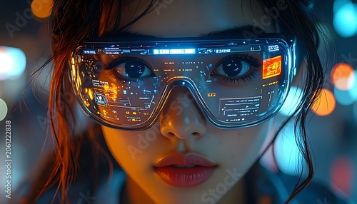 A woman wearing futuristic goggles with a digital display