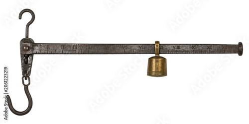Antique Hanging Scale Isolated on Transparent Background, Vintage Steelyard Balance with Hook and Brass Weight