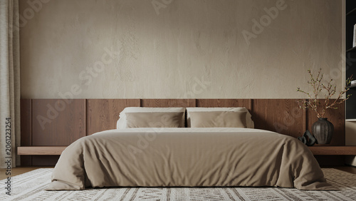 The modern minimal mock up design of bedroom interior have wooden side table, modern bed with wooden and concrete wall background. 3d render.
