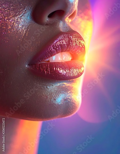 A woman's face illuminated by vibrant colorful light