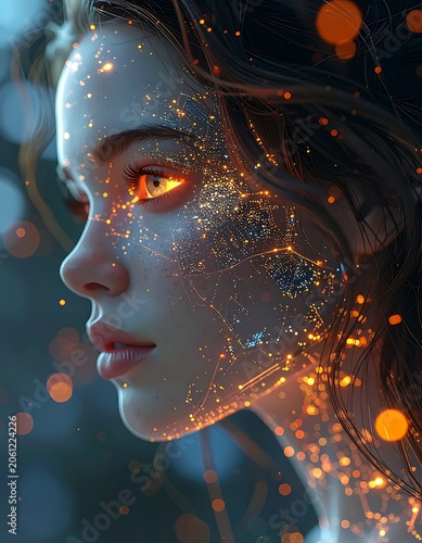 A woman's face with orange glowing eye and particles on her skin