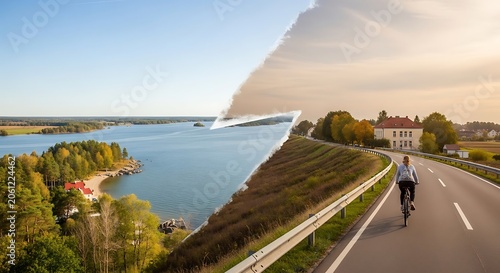 Split composition showing a scenic river view and a cyclist on a road