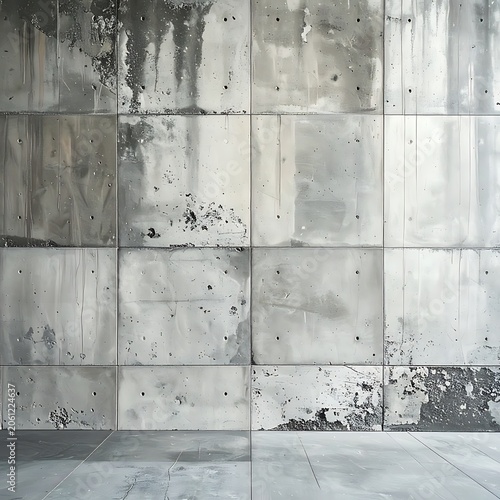 A worn concrete wall with square panels