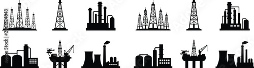 Oil and gas industry production processing facilities vector icons set. petroleum energy plant silhouettes.