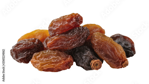 Pile of dried raisins with varying colors and textures
