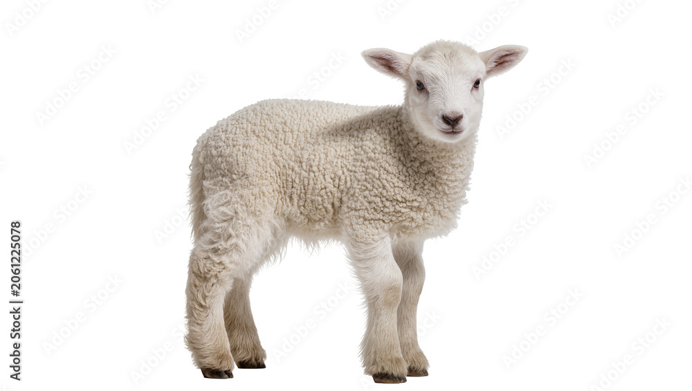 Fototapeta premium Young white lamb standing on white