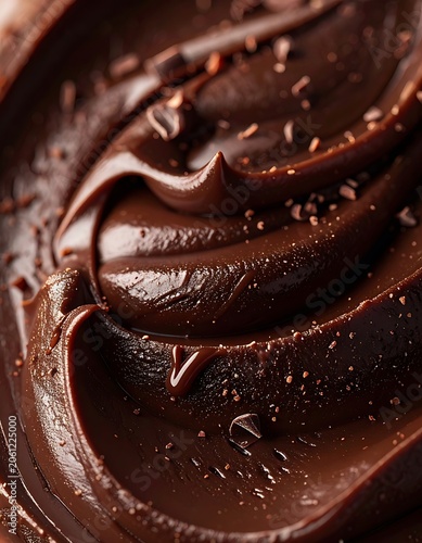 Close-up of rich, smooth chocolate frosting with specks