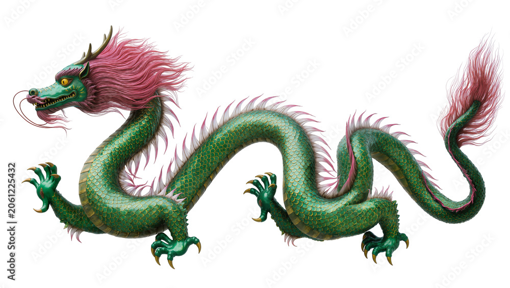 Fototapeta premium Green Chinese Dragon with Pink Mane and Tail