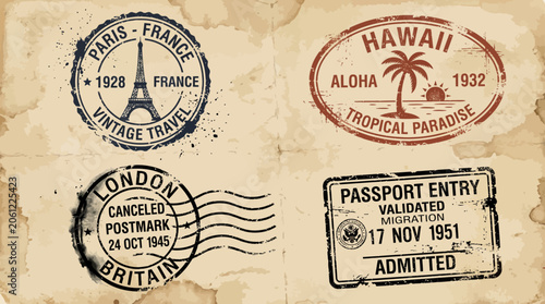Set of vintage travel stamps and passport postmarks on aged paper.