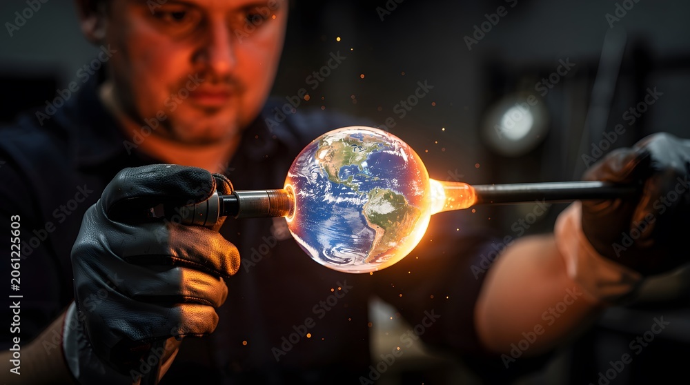 Fototapeta premium Glassblower Shaping a Molten Globe with the Earth's Continents Visible.