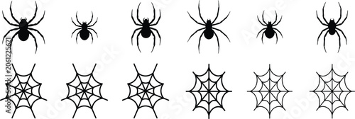 Spider and web silhouette collection featuring different arachnid shapes and spiderweb patterns black icons.