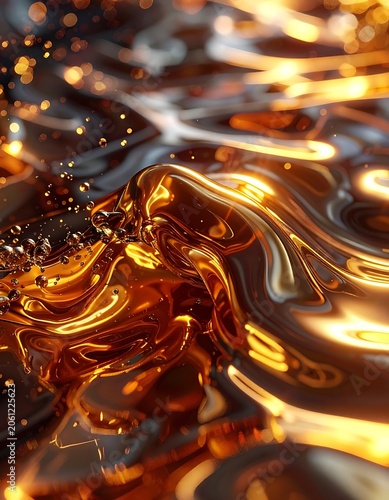 Golden liquid with swirling patterns and light reflections