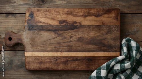 Dark brown colored wooden texture cutting board with checkered clothes. The overall composition highlights culinary preparation, farmhouse style, and timeless kitchenware design.
