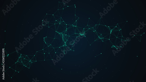 Abstract Connected Node Network Across Dark Space Background, Digital Data Flow and Advanced Technology Communication Concept
