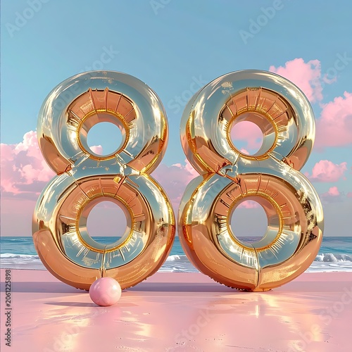 Two large golden balloons on a beach