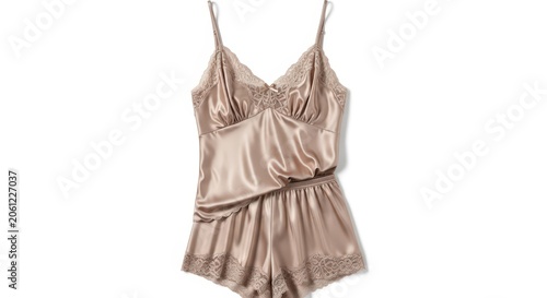 Elegant Beige Satin Camisole and Shorts Sleepwear Mockup with Delicate Lace Trim for Product Display