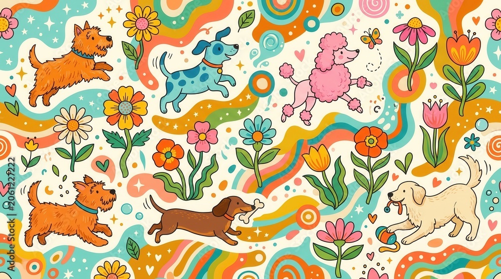 Obraz premium Various happy dogs play among bright flowers and abstract swirls in a cheerful cartoon style