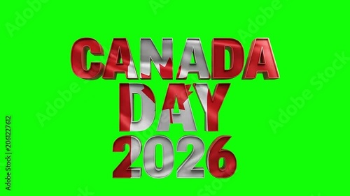 Canada Day 2026 Celebration Text with Waving Flag Effect on Green Screen
