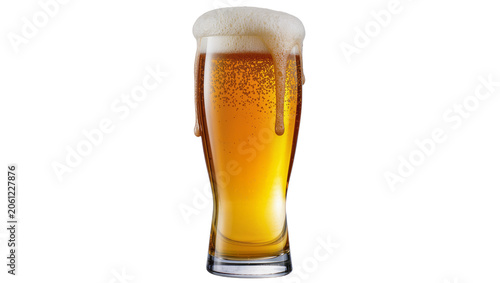 Konstfotografi Tall glass of golden beer with overflowing foam and drips