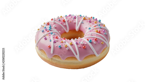 Photos Pink frosted donut with white icing drizzle and colorful sprinkles