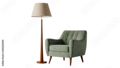 Obraz na plátne Mid-century modern armchair and floor lamp with wooden base