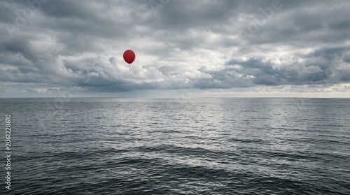A single matte red helium balloon floating above a calm endless ocean