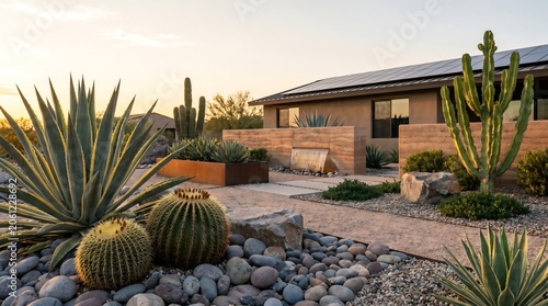 Xeriscaped desert garden landscaping featuring various cactus species succulents rock mulch stone paths and solar panels on modern rammed earth home at sunset.