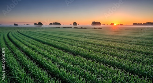 Lush green field, sunset landscape, rural scenery, agricultural land